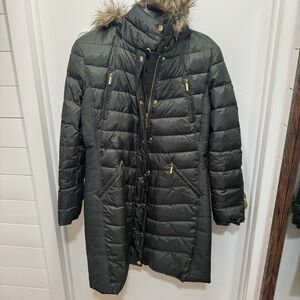 Women's Dark Green Michael Kors Quilted Coat with Fur Trim